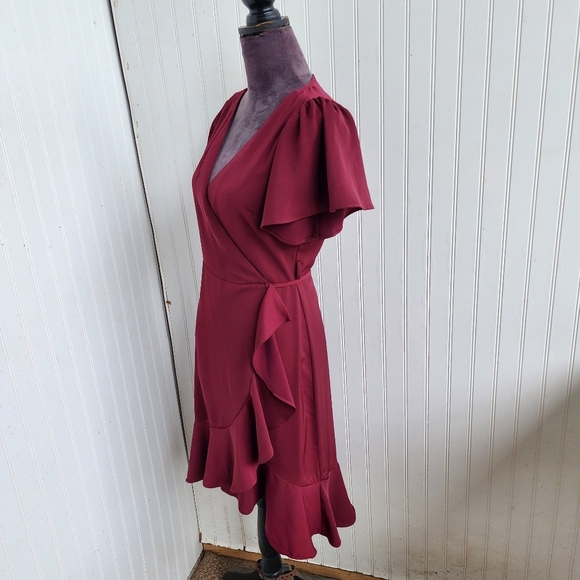 Lucy Paris Burgundy Red Wrap Dress Ruffle Apron Fit n Flare Flatter Women's XS - Picture 3 of 12